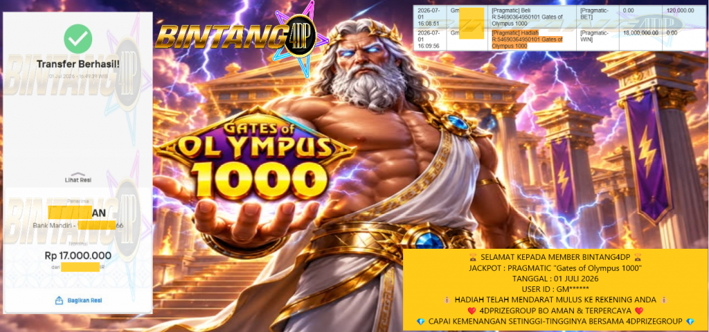BINTANG4DP JACKPOT PRAGMATIC SLOT “Gates of Olympus 1000” Rp 17.000.000,- LUNAS