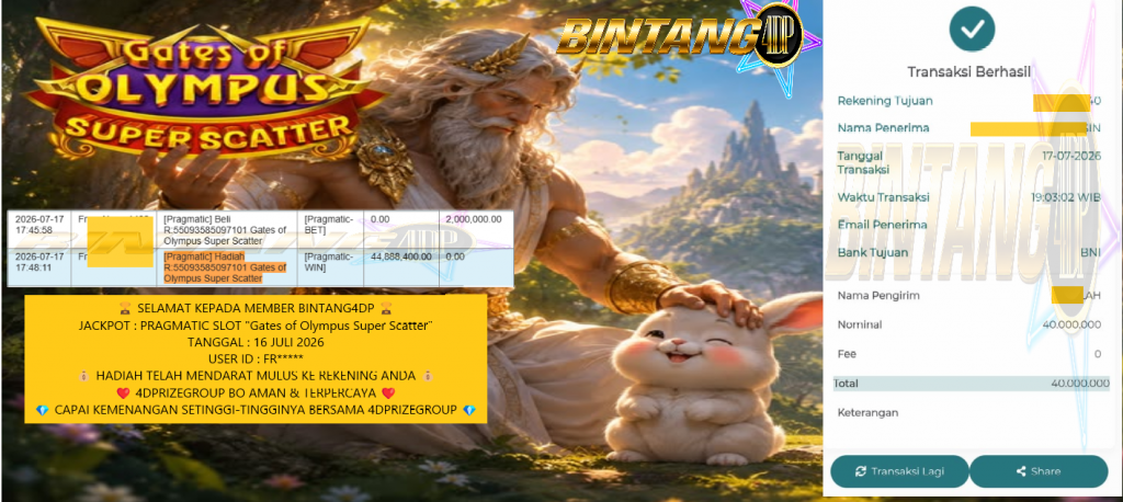 BINTANG4DP JACKPOT PRAGMATIC SLOT βGates of Olympus Super Scatterβ Rp 40,000,000,- LUNAS