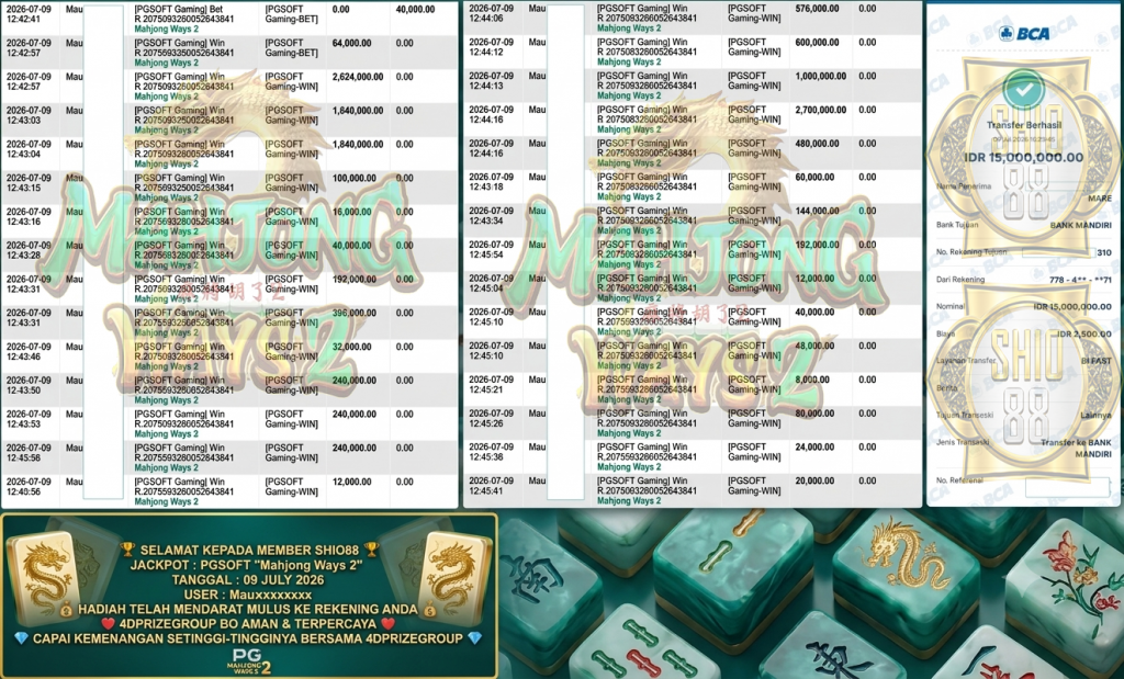 SHIO88 JACKPOT PGSOFT ” Mahjong Ways 2 ” Rp 15.000.000 ,- LUNAS