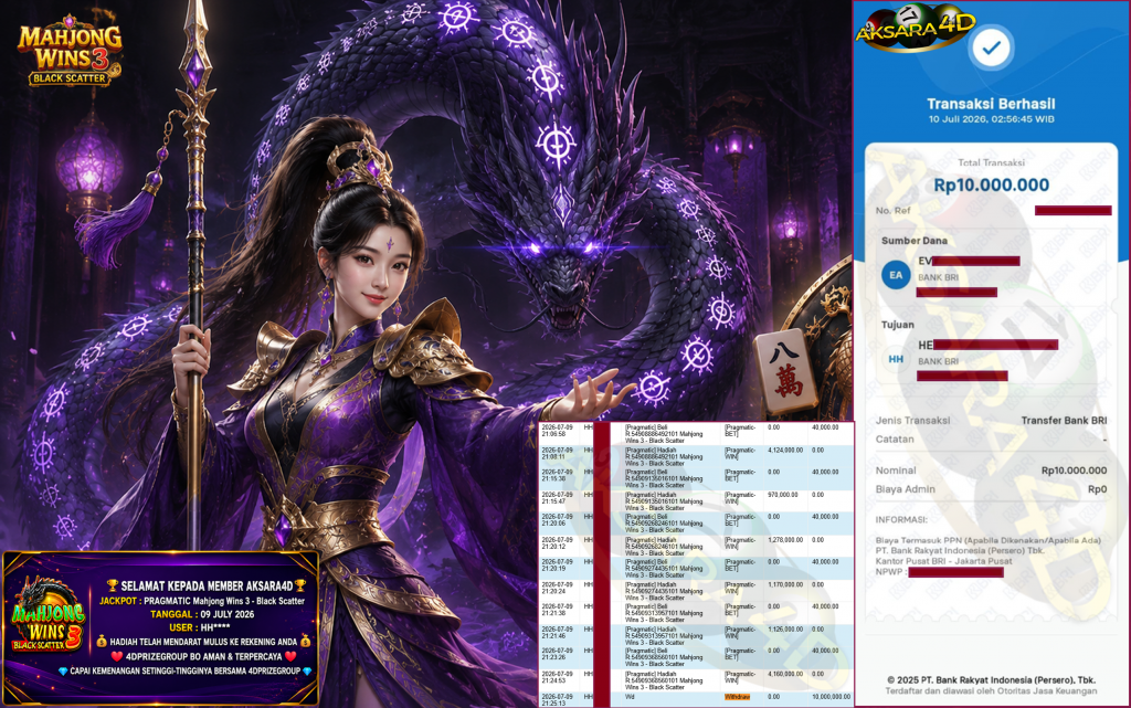 AKSARA4D JACKPOT PRAGMATIC ” Mahjong Wins 3 – Black Scatter ” Rp 10,000,000,- LUNAS