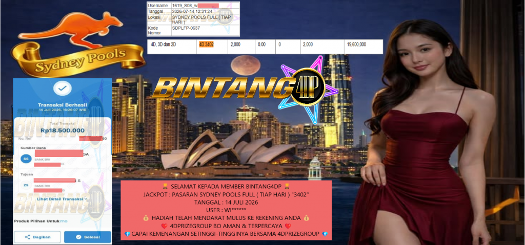BINTANG4DP JACKPOT PASARAN SYDNEY POOLS FULL ( TIAP HARI ) “3402” Rp18.500.000,- LUNAS