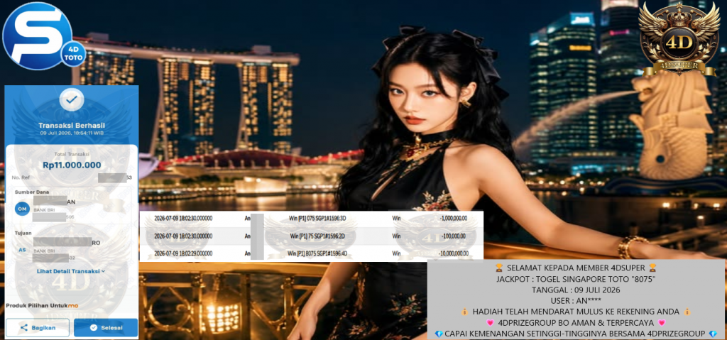 4DSUPER JACKPOT TOGEL SINGAPORE TOTO “8075” Rp 11.000.000 ,- LUNAS