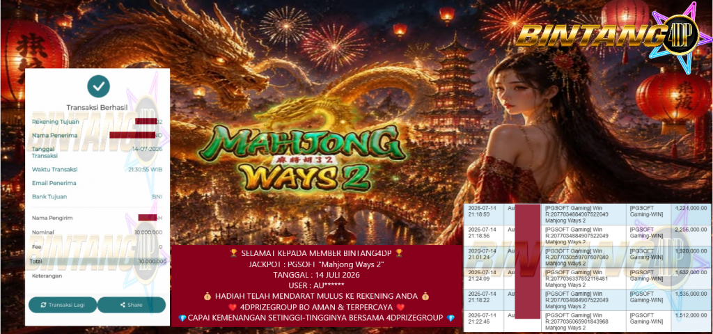 BINTANG4DP JACKPOT PGSOFT “Mahjong Ways 2” Rp10.000.000,- LUNAS
