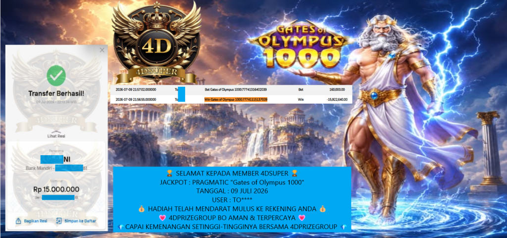 4DSUPER JACKPOT PRAGMATIC βGates of Olympus 1000β Rp 15.000.000 ,- LUNAS