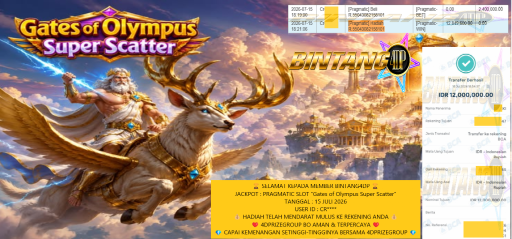 BINTANG4DP JACKPOT PRAGMATIC SLOT βGates of Olympus Super Scatterβ Rp12.000.000,- LUNAS