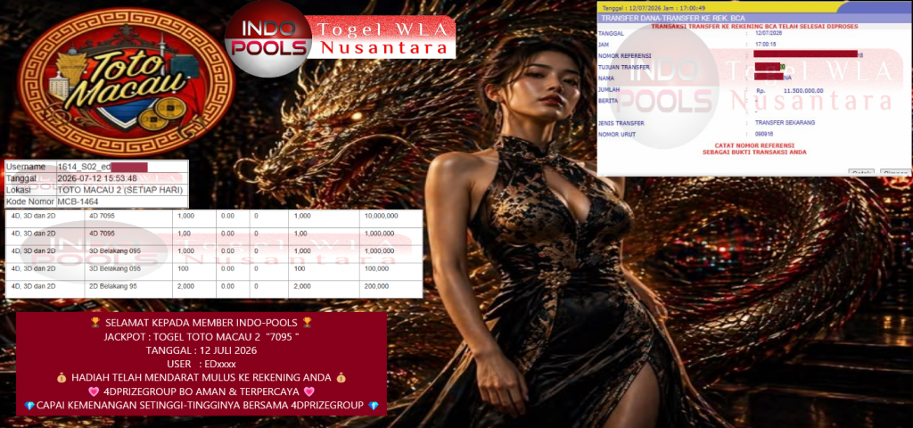 INDO-POOLS JACKPOT TOGEL TOTO MACAU 2 β7095β Rp11.500.000,- LUNAS