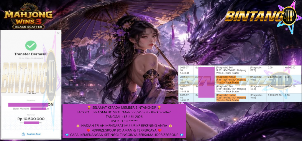 BINTANG4DP JACKPOT PRAGMATIC SLOT “Mahjong Wins 3 – Black Scatter”‎‏‏‎ Rp 10.500.000,- LUNAS