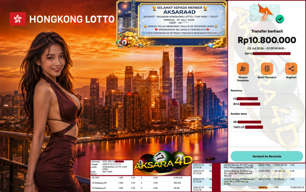 AKSARA4D JACKPOT PASARAN ” HONGKONG LOTTO ( TIAP HARI ) ” 2007″ ” Rp 10,800,000,- LUNAS