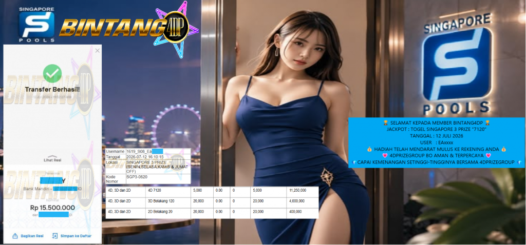 BINTANG4DP JACKPOT TOGEL SINGAPORE 3 PRIZE β7120β Rp15.500.000,- LUNAS