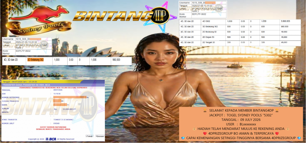 BINTANG4DP JACKPOT TOGEL SYDNEY POOLS “5302” Rp 10.000.000 ,- LUNAS