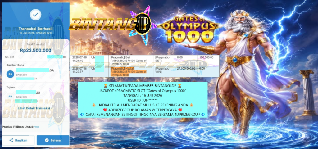 BINTANG4DP JACKPOT PRAGMATIC SLOT “Gates of Olympus 1000″ Rp 23.500.000,- LUNAS