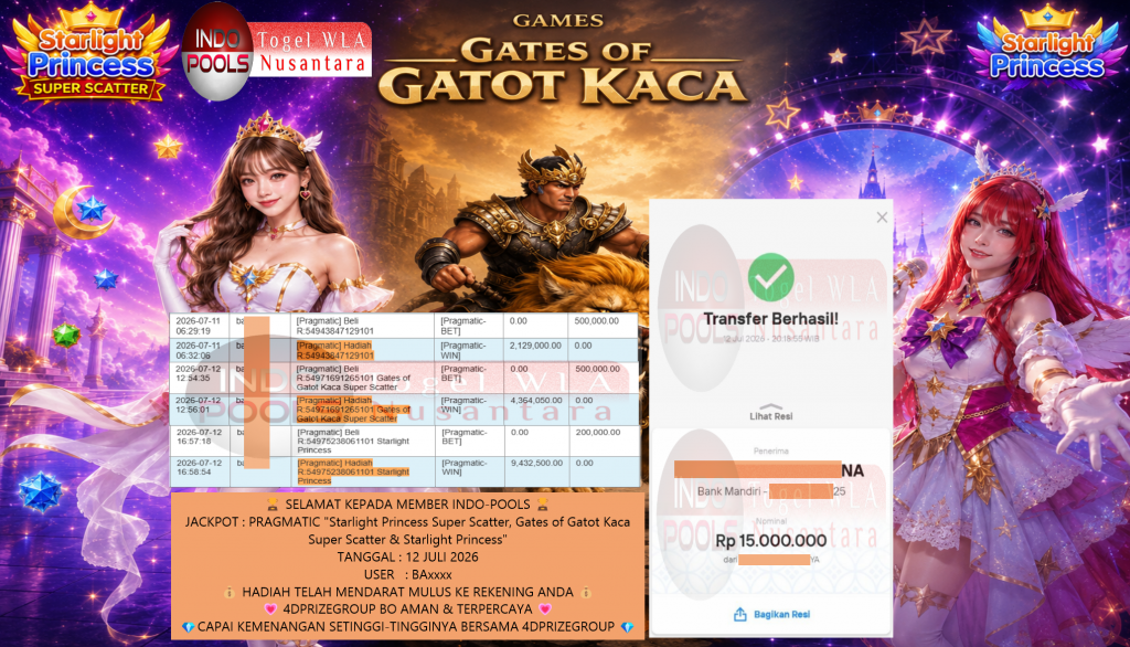 INDO-POOLS JACKPOT PRAGMATIC βStarlight Princess Super Scatter, Gates of Gatot Kaca Super Scatter & Starlight Princessβ Rp15.000.000,- LUNAS