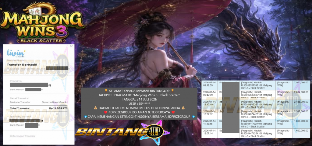 BINTANG4DP JACKPOT PRAGMATIC “Mahjong Wins 3 – Black Scatter”‌‌‌‌‎ Rp15.004.775,- LUNAS