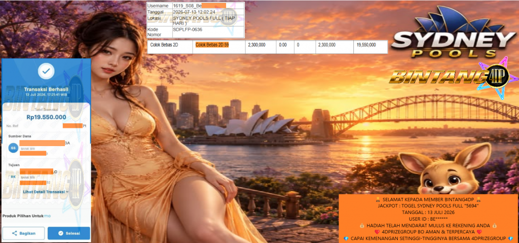 BINTANG4DP JACKPOT TOGEL SYDNEY POOLS FULL “5694” Rp 19.550.000,- LUNAS