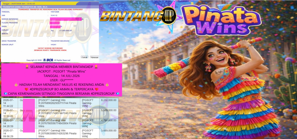 BINTANG4DP JACKPOT PGSOFT “Pinata Wins” Rp17.200.000,- LUNAS