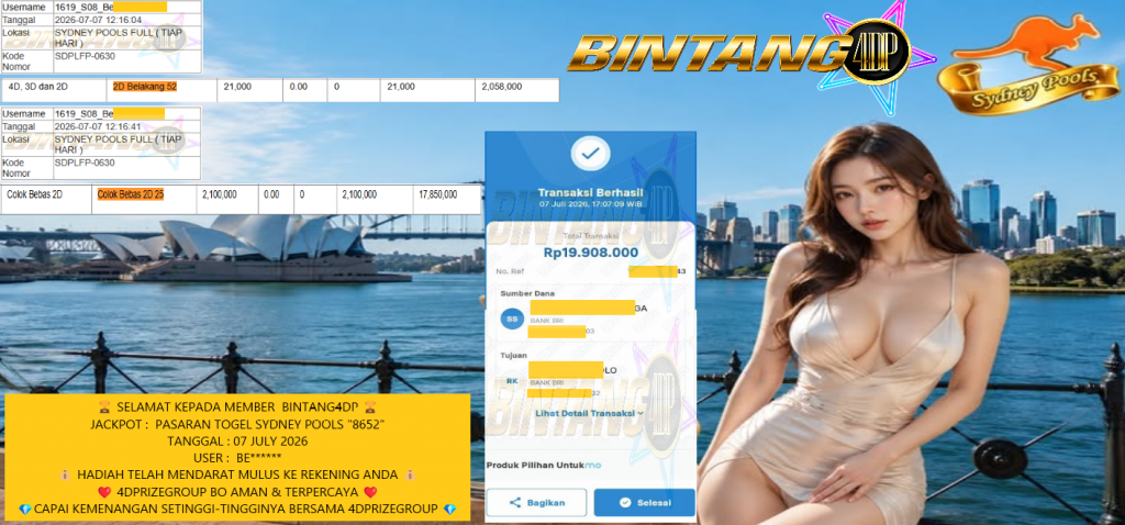 BINTANG4DPJACKPOT PASARAN TOGEL SYDNEY POOLS “8652” Rp19.908.000,- LUNAS