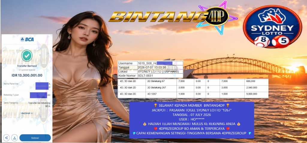 BINTANG4DPJACKPOT PASARAN TOGEL SYDNEY LOTTO “1267” Rp13.300.001,- LUNAS