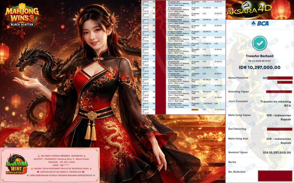 AKSARA4D JACKPOT PRAGMATIC ” Mahjong Wins 3 – Black Scatter ” Rp 10,297,000,- LUNAS