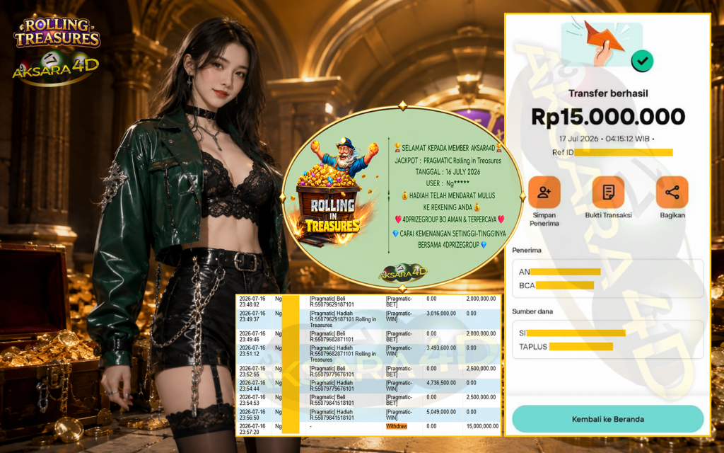 AKSARA4D JACKPOT PRAGMATIC ” Rolling in Treasures ” Rp 15,000,000,- LUNAS