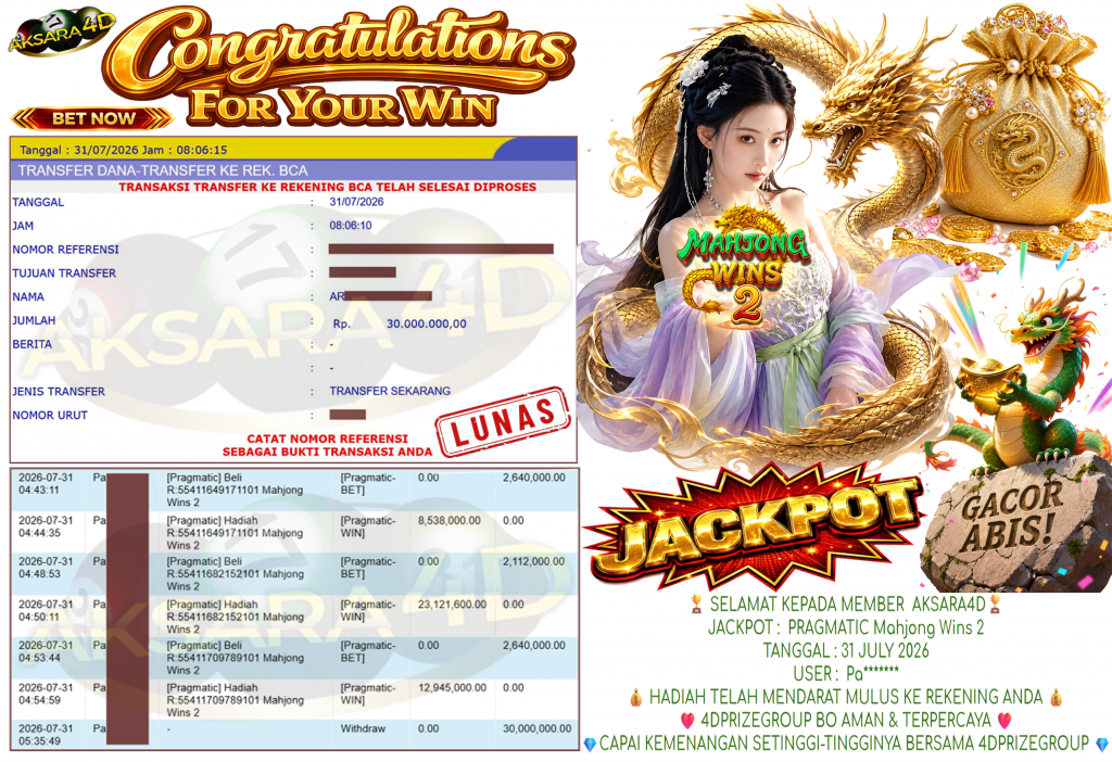 AKSARA4D JACKPOT PRAGMATIC ” Mahjong Wins 2 ” Rp 30,000,000,- LUNAS