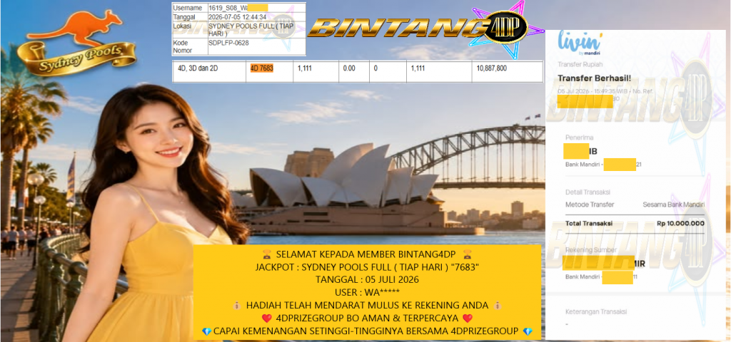 BINTANG4DP JACKPOT PASARAN TOGEL SYDNEY POOLS FULL ( TIAP HARI ) “7683” Rp 10.000.000,- LUNAS
