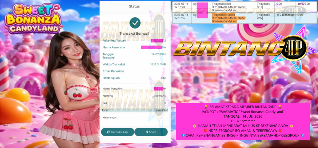 BINTANG4DP JACKPOT PRAGMATIC “Sweet Bonanza CandyLand” Rp11.894.540,- LUNAS