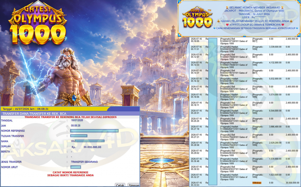 AKSARA4D JACKPOT PRAGMATIC ” Gates of Olympus 1000 ” Rp 30,000,000,- LUNAS