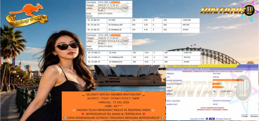 BINTANG4DP JACKPOT TOGEL SYDNEY POOLS “9408” Rp10,000,000,- LUNAS