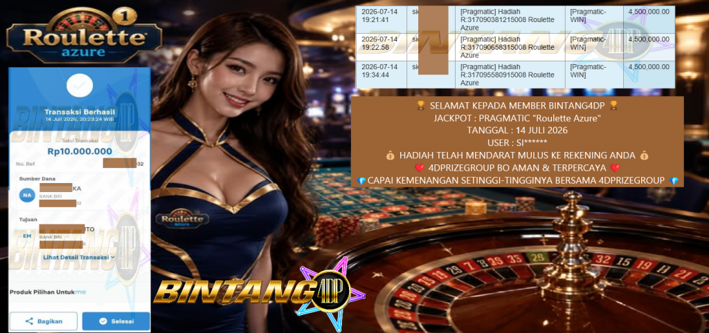 BINTANG4DP JACKPOT PRAGMATIC “Roulette Azure” Rp10.000.000,- LUNAS