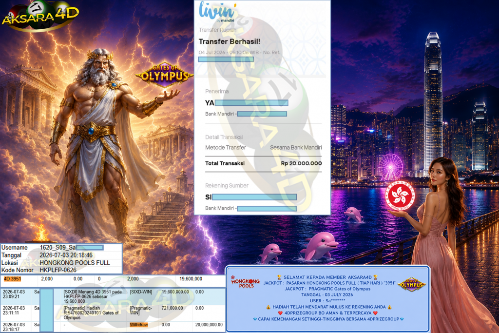 AKSARA4D JACKPOT PASARAN ” HONGKONG POOLS FULL (TIAP HARI) ”3951″ JACKPOT : PRAGMATIC Gates of Olympus ” Rp 20,000,000,- LUNAS