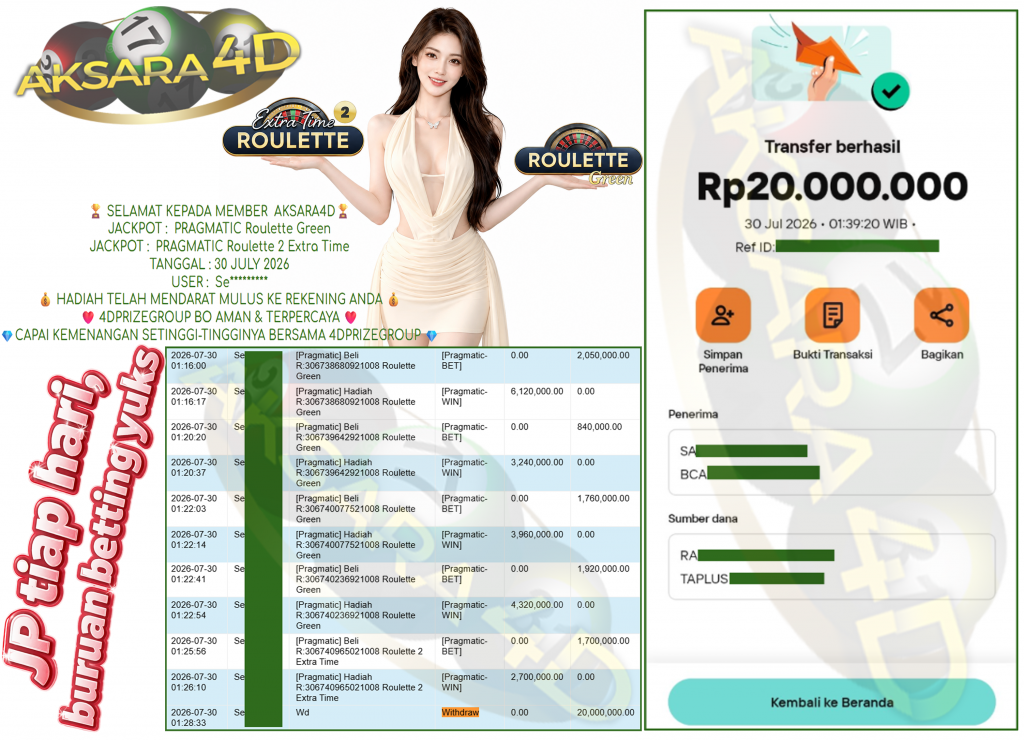AKSARA4D JACKPOT PRAGMATIC ” Roulette Green ” Roulette 2 Extra Time ” Rp 20,000,000,- LUNAS