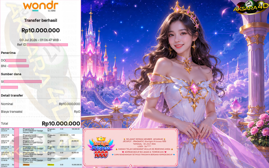 AKSARA4D JACKPOT PRAGMATIC ” Starlight Princess 1000 ” Rp 10,000,000,- LUNAS