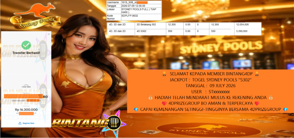 BINTANG4DP JACKPOT TOGEL SYDNEY POOLS “5302” Rp 16.300.000 ,- LUNAS