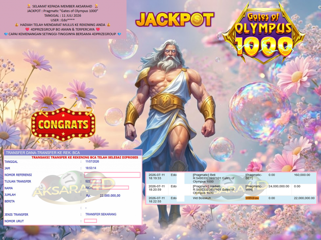 AKSARA4D JACKPOT Pragmatic “Gates of Olympus 1000″ Rp22.000.000,- LUNAS