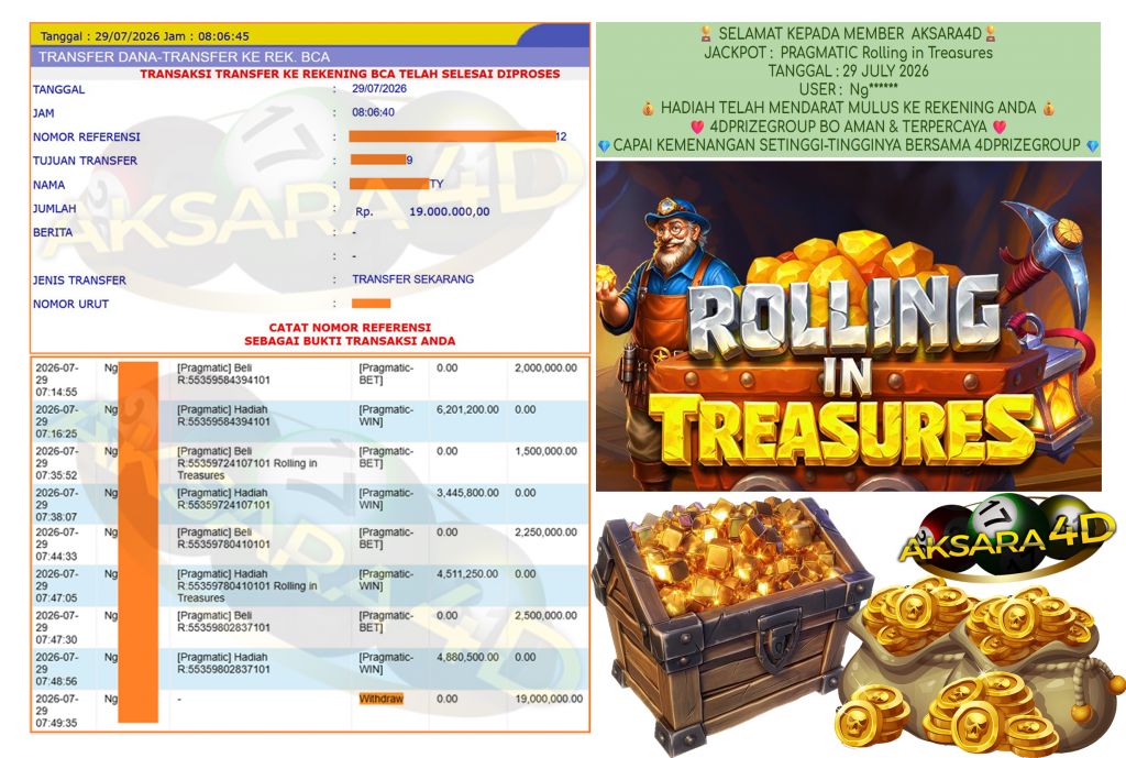 AKSARA4D JACKPOT PRAGMATIC โ Rolling in Treasures โ Rp 19,000,000,- LUNAS