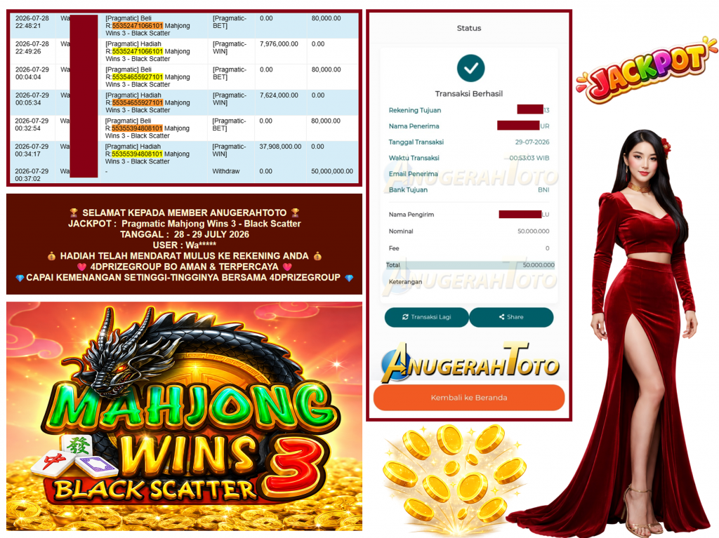 ANUGERAHTOTO JACKPOT PRAGMATIC “Mahjong Wins 3 – Black Scatter” Rp.50.000.000,-LUNAS