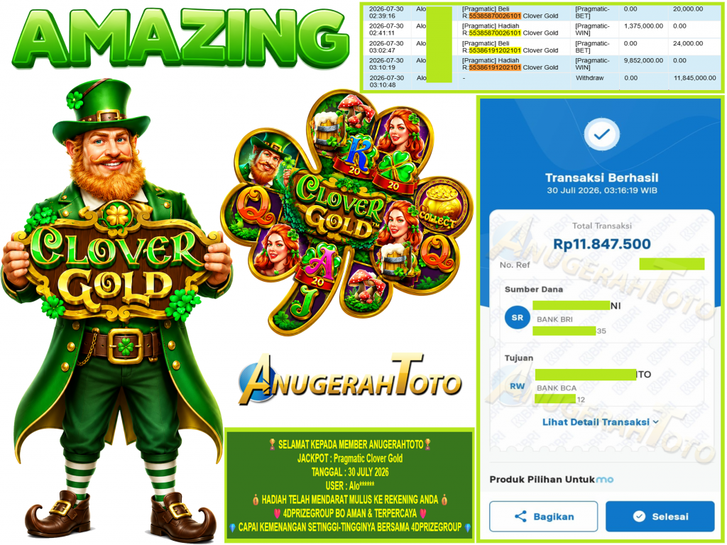 ANUGERAHTOTO JACKPOT PRAGMATIC ” Clover Gold ” Rp.11.845.000,-LUNAS