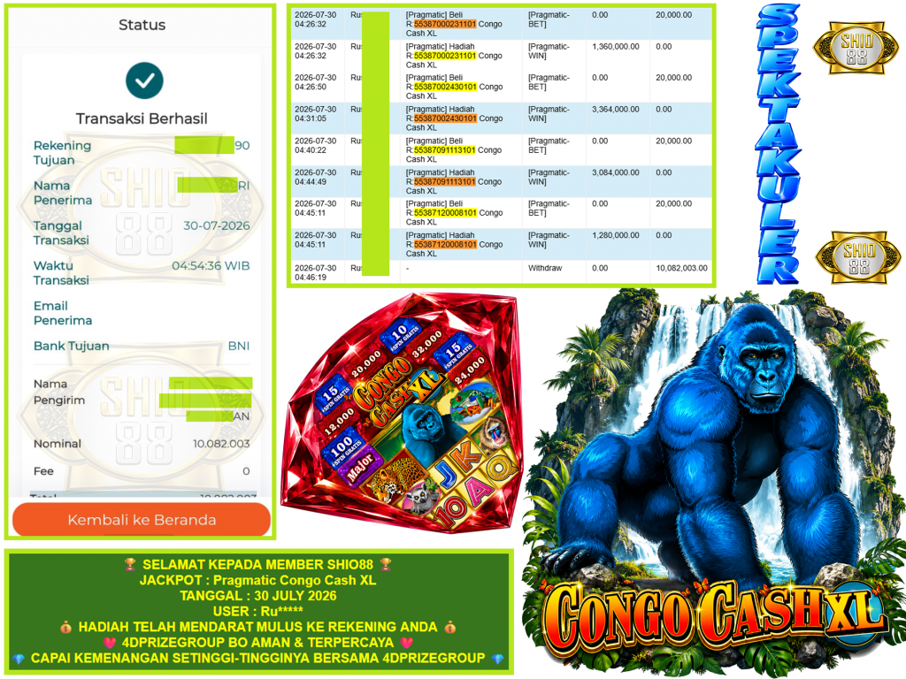 SHIO88 JACKPOT PRAGMATIC ” Congo Cash XL ” Rp.10.082.003,-LUNAS