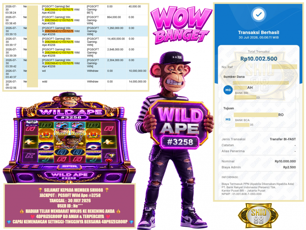 SHIO88 JACKPOT PGSOFT Gaming ” Wild Ape #3258 “ Rp.24.000.000,-LUNAS