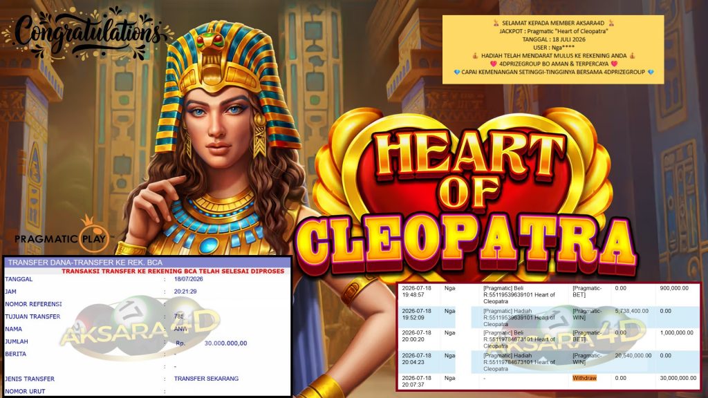AKSARA4D JACKPOT PRAGMATIC “Heart of Cleopatra”‎‏‏‎‎ Rp30.000.000,- LUNAS