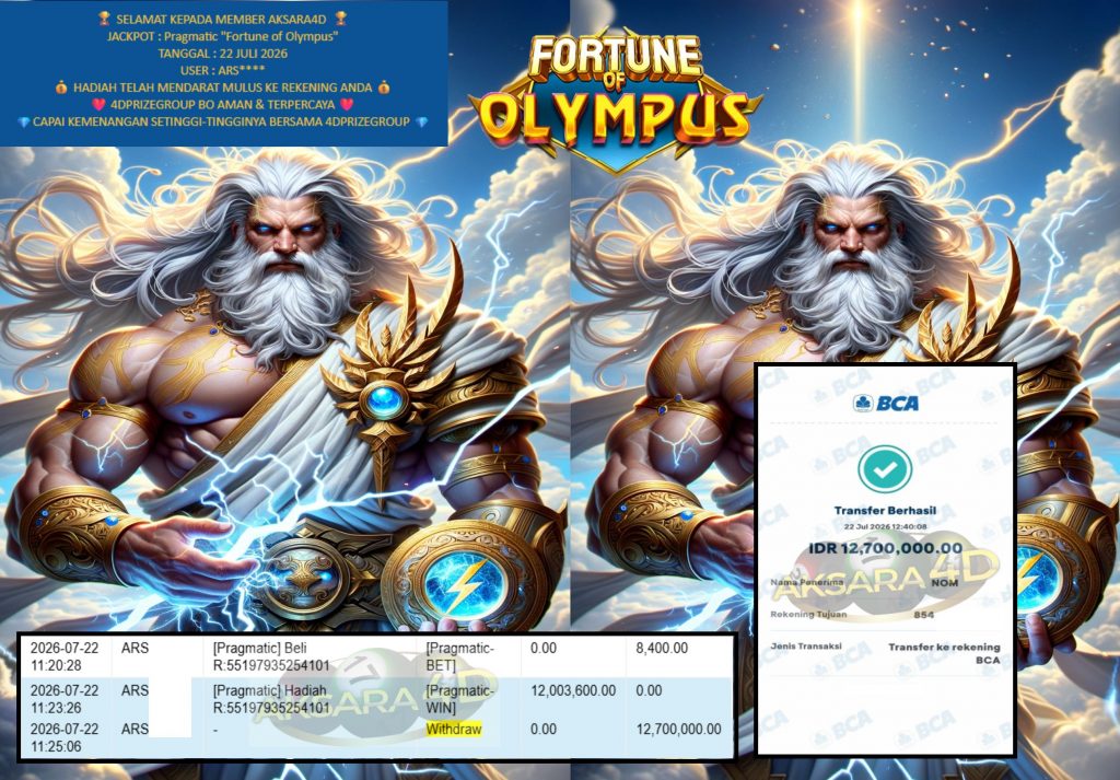 AKSARA4D JACKPOT PRAGMATIC “Fortune of Olympus” Rp12.700.000,- LUNAS