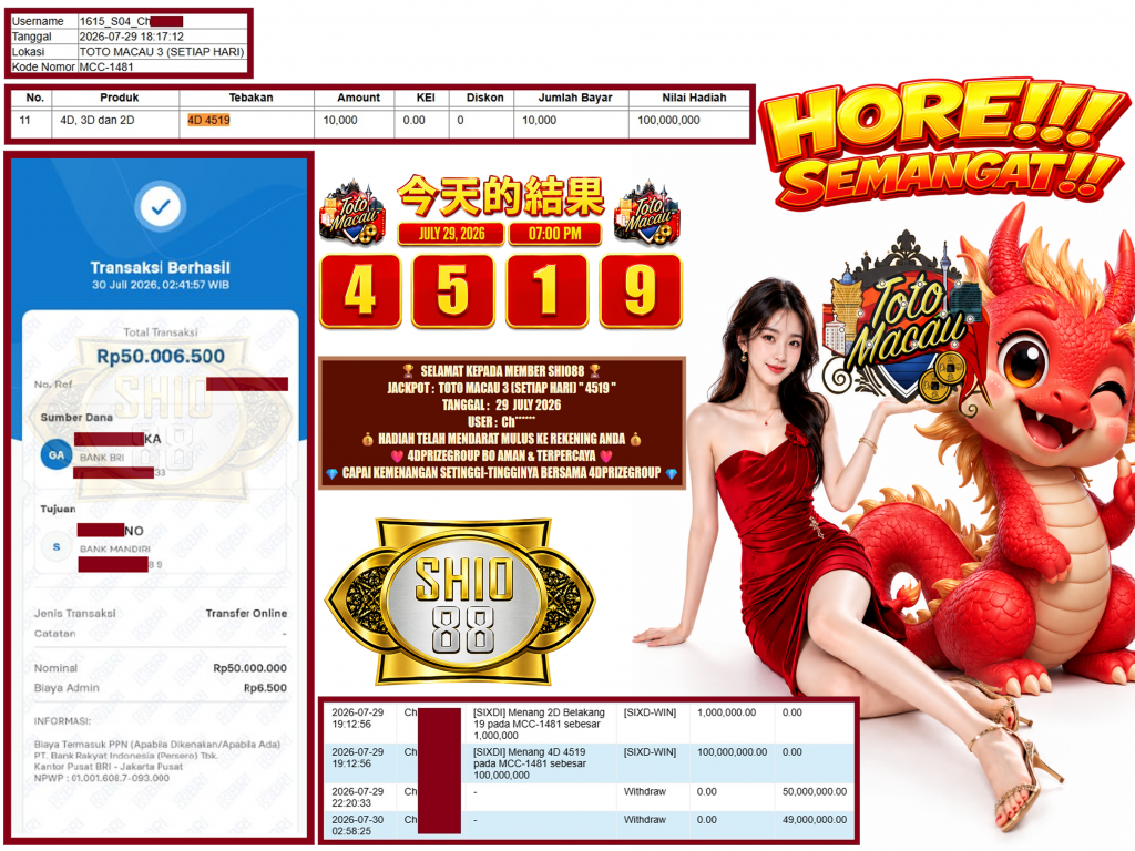 SHIO88 JACKPOT TOTO MACAU 3 (SETIAP HARI) ” 4519 ” Rp.99.000.000 ,- LUNAS