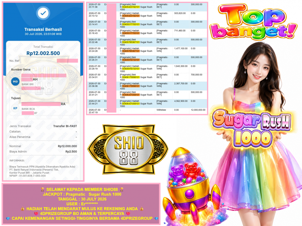 SHIO88 JACKPOT PRAGMATIC ” Sugar Rush 1000 ” Rp.12.000.000,-LUNAS