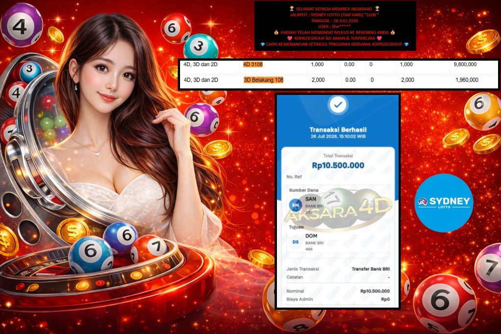 AKSARA4D JACKPOT SYDNEY LOTTO (TIAP HARI) “3108” Rp10.500.000,- LUNAS