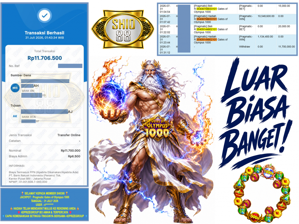 SHIO88 JACKPOT PRAGMATIC ” Gates of Olympus 1000 ” Rp.11.700.000,-LUNAS