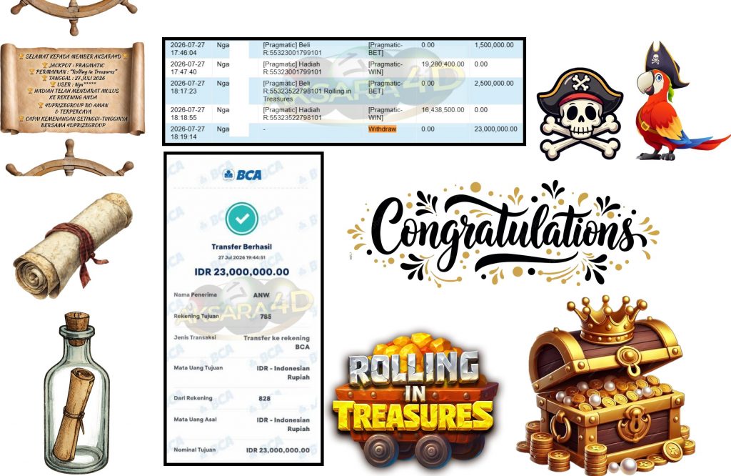 AKSARA4D JACKPOT PRAGMATIC “Rolling in Treasures”‎‏‏‎‎ Rp23.000.000,- LUNAS