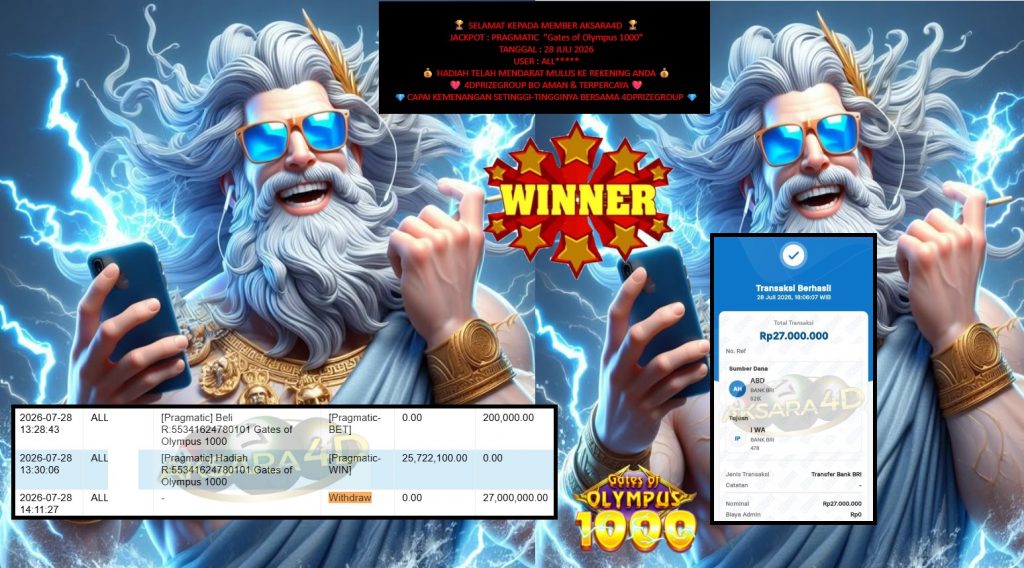 AKSARA4D JACKPOT PRAGMATIC “Gates of Olympus 1000″‎‏‏‎‎ Rp27.000.000,- LUNAS