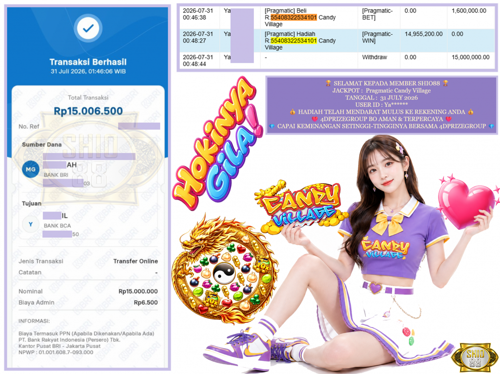 SHIO88 JACKPOT PRAGMATIC ” Candy Village ” Rp.15.000.000,-LUNAS