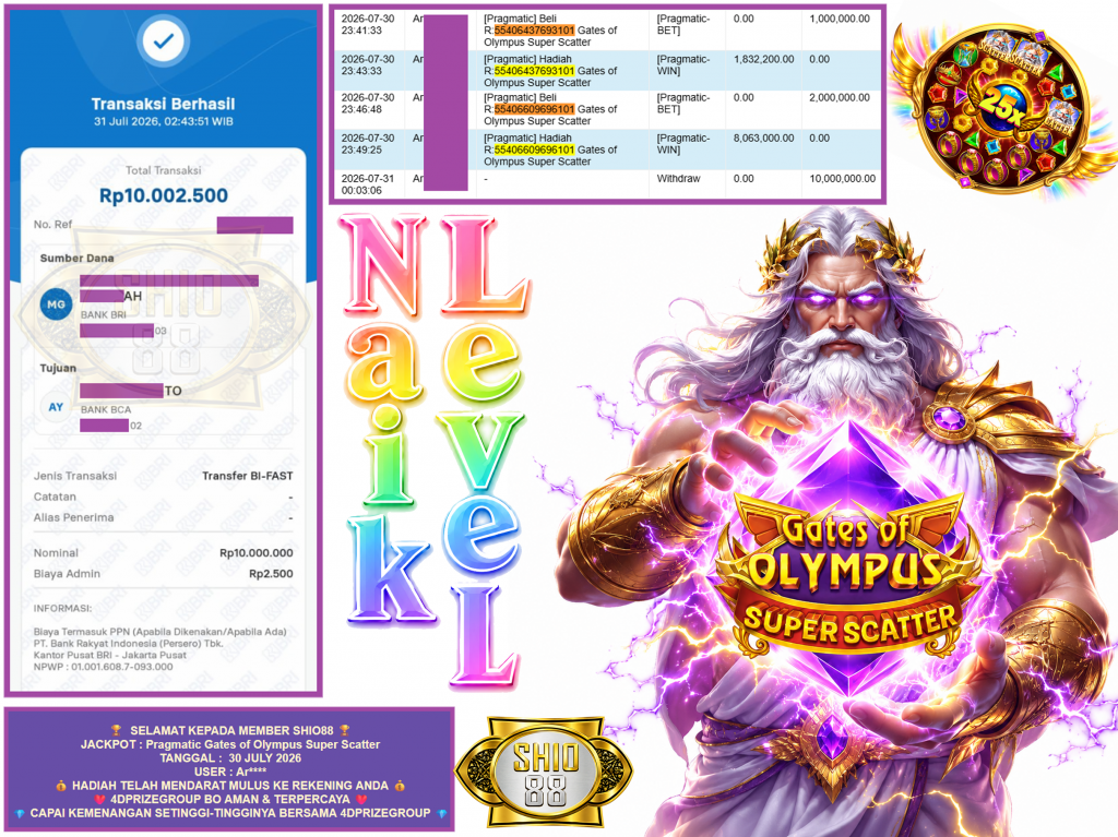 SHIO88 JACKPOT PRAGMATIC ” Gates of Olympus Super Scatter ” Rp.10.000.000,-LUNAS