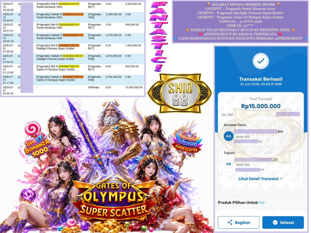 SHIO88 JACKPOT PRAGMATIC ” Sweet Bonanza 1000 , Starlight Princess Super Scatter , Gates of Olympus Super Scatter ” Rp.15.000.000,-LUNAS